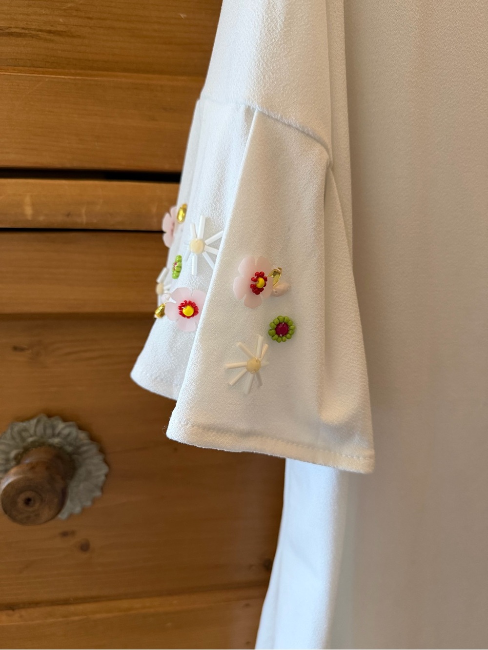 New York & Company White Blouse with Pink & Green Floral Embellishments